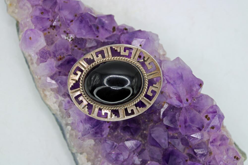 Taxco TV-76 Sterling Silver Black Glass Cabochon Pendant/Brooch